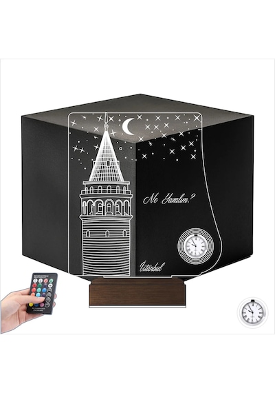Luvivia İstanbul Galata Kulesi Kişiye Özel Metal Saatli 3d Lamba - Masa Gece Lambası