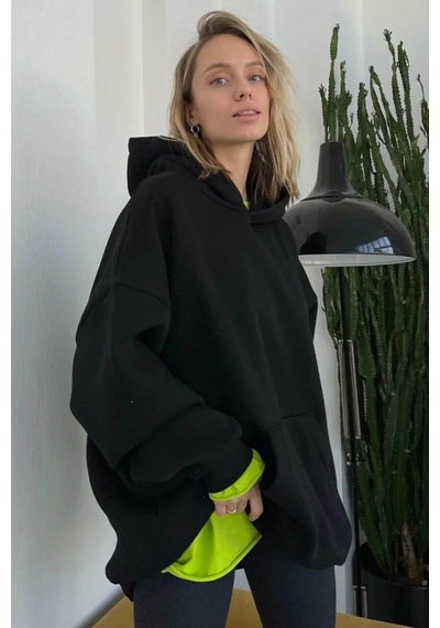 Koyu Siyah Kapüşonlu Şardonlu Oversize Sweatshirt Mg1566