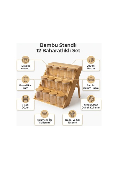 Deconox Bambu Standlı 12 Li Baharatlık Seti, 200 Ml Borosilikat Cam Kavanoz, Bambu Vakum Kapaklı, Tezgâh Üstü Ve Çekmece İçi Düzenleyici Çok Renkli Deconox Bambu Standlı 12 Li Baharatlık Seti, 200 Ml Borosilikat Cam Kavanoz, Bambu Vakum Kapaklı, Tezgâh Üstü Ve Çekmece İçi Düzenleyici Çok Renkli