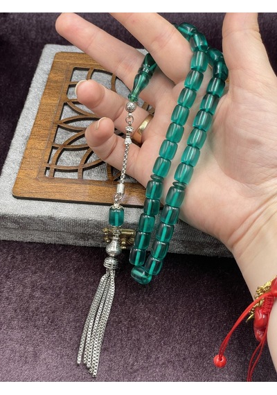 Alpaka Zincir Püsküllü Blok Kesim Zümrüt Yeşili Ateş Kehribar Tesbih 9x10 Mm Yeşil