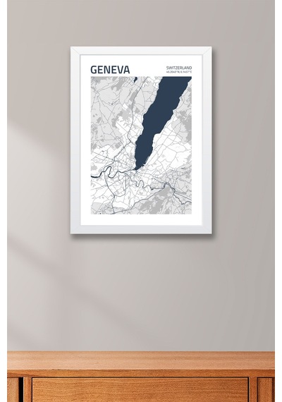 Cenevre İsviçre Switzerland Haritası Çerçeveli Tablo Lüks Salon Ofis Duvar Dekorasyonu Tablo Beyaz