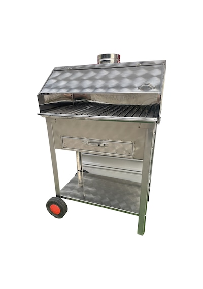 Paslanmaz Kömürlü Mangal 35 X 60 Cm Çekmeceli Tekerlekli Barbekü