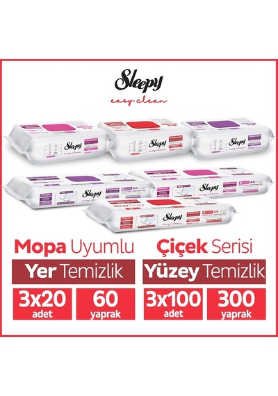 Easy Clean Çiçek Serisi 3x100 Yüzey & 3x20 Yer Temizlik Havlusu&mendili Karma Paket