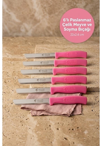 Feller 6'lı Lazer Tırtıklı Paslanmaz Çelik Sebze Meyve Bıçağı 22x2.4 Cm - Pembe Saplı Soyma Ve Doğrama Seti