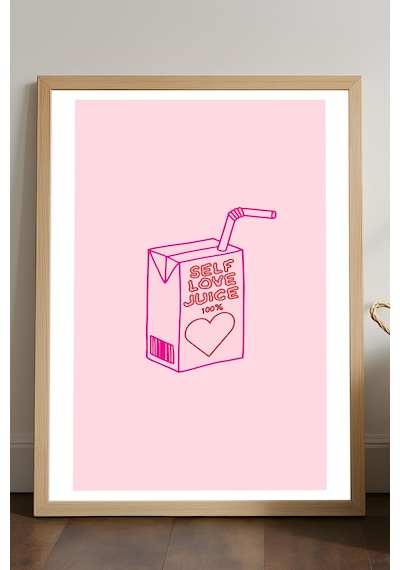 Self Love Juice Doğal Ahşap Çerçeveli Poster, Dekoratif Pembe Duvar Tablosu