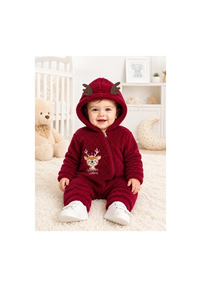 Tatlı Geyik Nakışlı Welsoft Peluş Kapüşonlu Fermuarlı Kışlık Unisex Bebek Tulumu 40212 Bordo