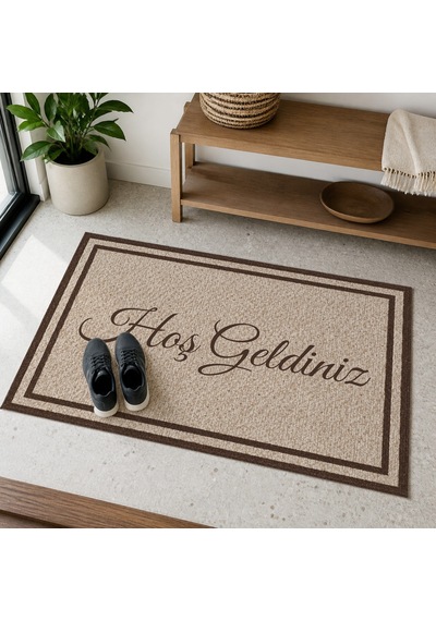 Kartela Halı Hoş Geldiniz Yazılı Çift Çerçeveli Kapı Paspası Kahverengi Kaymaz Kauçuk Taban 50x75 Cm