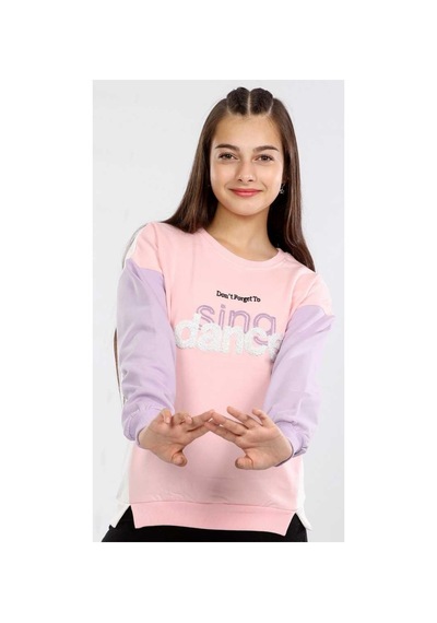 İrem Çocuk Giyim Kız Çocuk Sing Done Yazılı Renk Bloklu İki İplik Şardonlu Sweatshirt Pembe