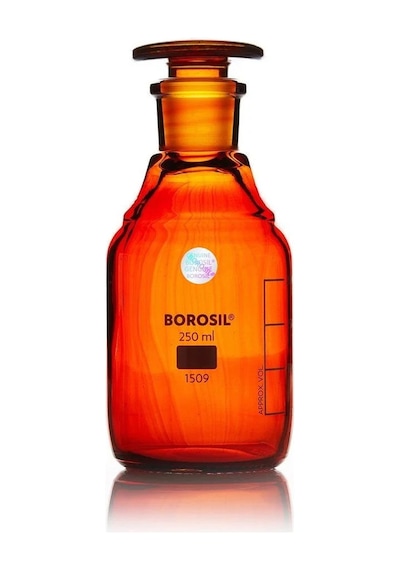Borosil Amber Cam Tıpalı Şişe 250ml 100% Borosilikat Şilifli Miyar Şişesi