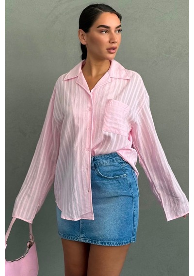 Madmext Pembe Çizgi Desenli Rahat Kesim Kadın Gömlek Mg2741