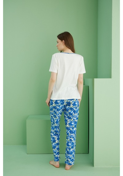 Siyah İnci V Yaka Örme Pamuklu Pijama Takım25113279 Ekru