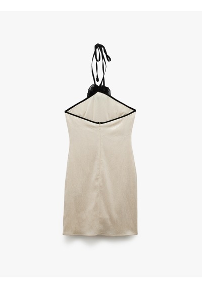 Koton Mini Bağlamalı Yaka Gül Detaylı Bodycon Payetli Elbise Kırık Beyaz 5sak80004fw Ekru