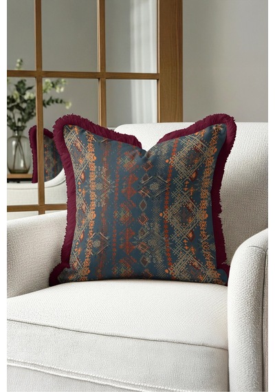 Etnik Kilim Desenli Saçaklı Yastık Kılıfı - Otantik Retro Lacivert Bordo Püsküllü Kırlent Kılıfı Kadim Ufuk Saten