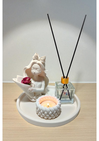 Dekoratif Vazo, Oda Kokusu Ve Mum Seti - Vazo+oda Kokusu+tealight Mumluk Ve Mum+yuvarlak Tepsi Beyaz