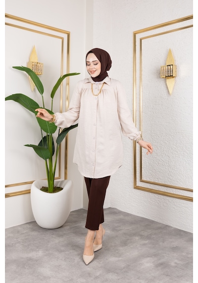 Nevayla Moda Önü Büzgülü Bilek Lastikli Tunik - Bej / Ü104 Bej