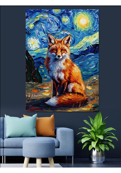 Ahşap Tablo Van Gogh Tarzında Tilki Portresi