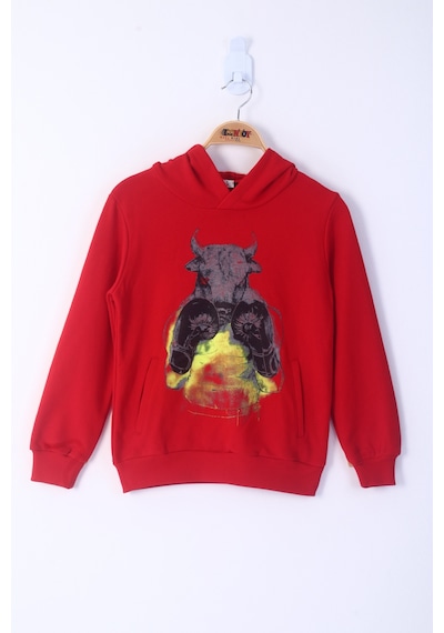 Toontoy Kids Toontoy Erkek Çocuk Boks Eldivenli Boğa Baskılı Sweatshirt Kırmızı