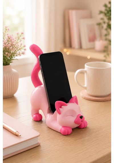 Pembe Kedi Figürlü Telefon Tutucu Stand - 3d Baskı Ofis Masaüstü Aksesuarı Ve Biblo