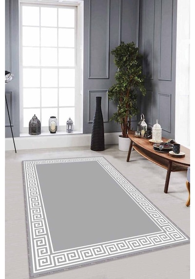 Gri Çerçeveli Kaymaz Tabanlı Makinede Yıkanabilir Halı Rv039n11