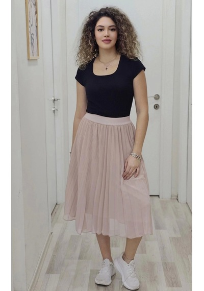 Lodmela Beli Lastikli Pliseli Etek 6018-pudra Pudra