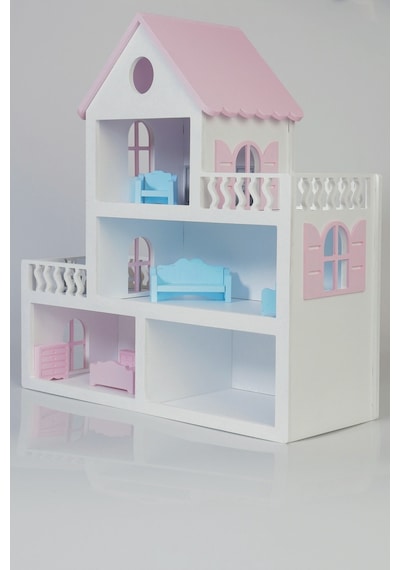 Boyalı Ahşap Barbie Bebek Evi Oyuncak 15 Adet Mobilya Hediyeli