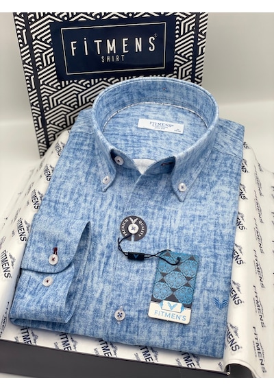 Slim Fit Uzun Kol Müslin Dijital Baskılı Hediye Kutulu Erkek Gömlek Fs-004599 - Mavi-3361 MAVİ