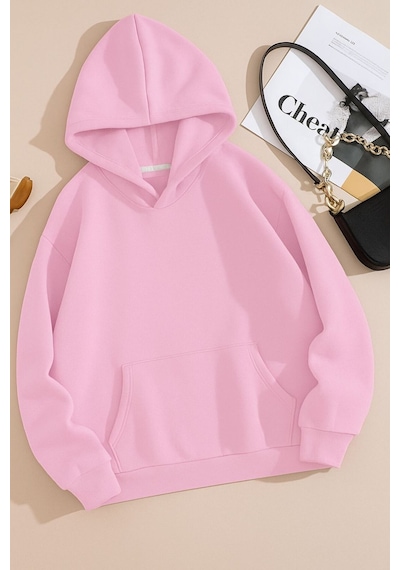 Benroma 3 İplik Penye Düz Ünisex Oversize Kapüşonlu Sweatshırt Pembe