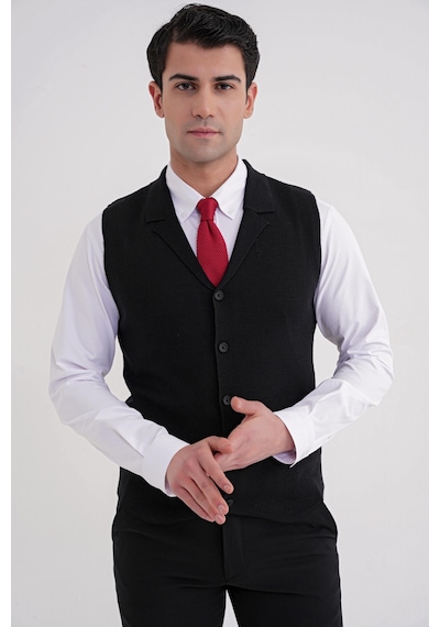 Slim Fit Ceket Yaka Düğmeli Siyah Yünlü Triko Yelek Try 012 Siyah