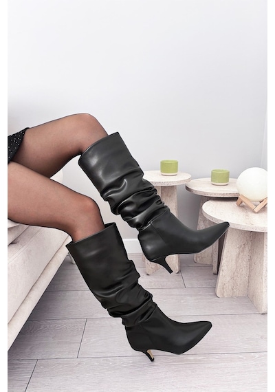 Asmi Shoes Kadın Tima Siyah Cilt 6 Cm Topuklu Körüklü Sivri Burun Çivi Topuk Çizme