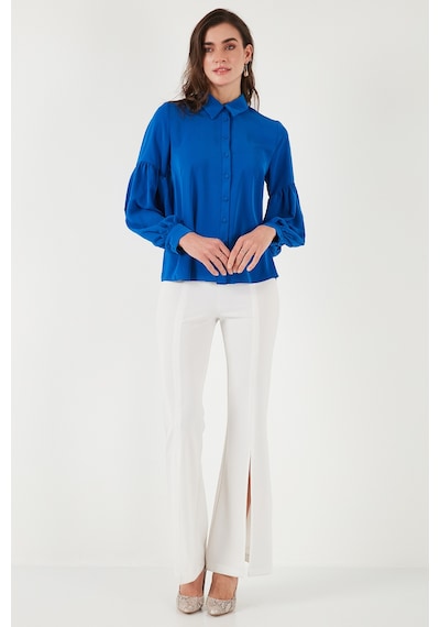 Lela Regular Fit Dikiş Detaylı Düz Yaka Balon Kol Bayan Gömlek 611Go00003 Saks
