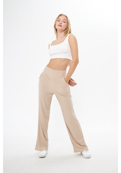 Thiff Gymwear Siyah Beli Lastikli Bol Paça Çift Cepli Yüksek Bel Bürümcük Örme Kadın Pantolon Bej