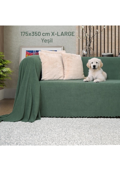 Kaymaz Koltuk Örtüsü Çift Taraflı Mikrofiber Şönil 175x350 Cm Xl- Yeşil Kedi Köpek Ve Çocuk Dostu Yeşil