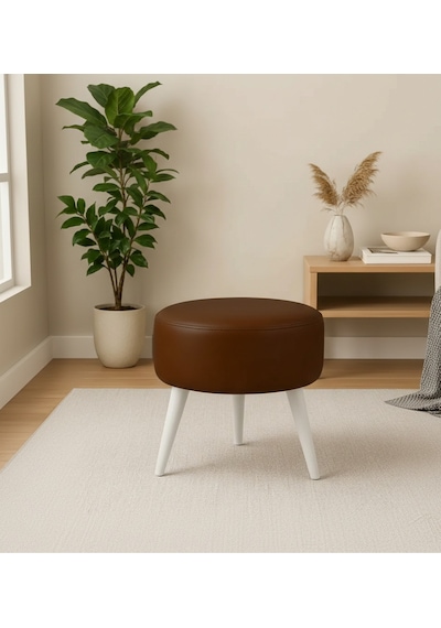 Waterybrook Suni Deri Puf - Ahşap Beyaz Ayaklı - Retro Modern Tasarım - Oturma Ve Dekoratif Sehpa Kahverengi
