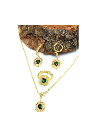 Zümrüt Taşlı Sekizgen Model Gold Kaplama 925 Ayar Gümüş Üçlü Set 201024003 Gold