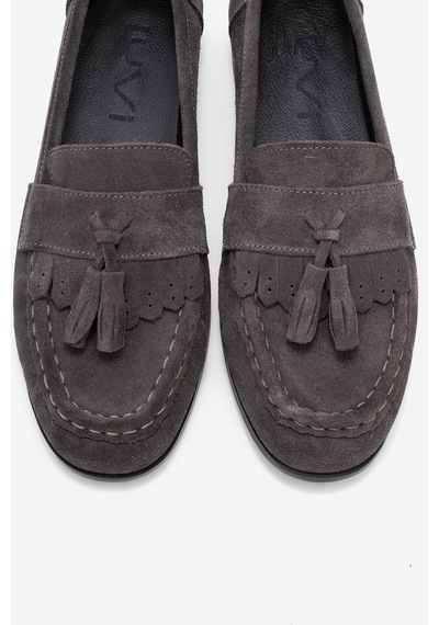 Luvishoes Luvi Shoes Lupen Gri Süet Püsküllü Hakiki Deri Kadın Loafer Ayakkabı Gri