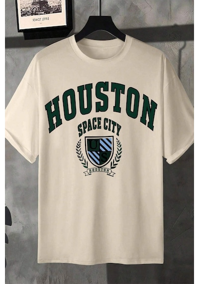 Unisex Houston Space City Baskılı Tasarım Tshirt Bej