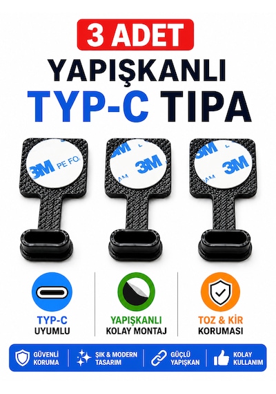 Type-c Uyumlu Şarj Girişi Toz Önleyici Tapa Yapışkanlı Siyah Premium Koruma 3 Adet