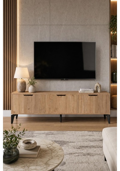 Sulorahome Bej Sepet Desenli Suntalam Tv Sehpası 160x35 Cm Açık Ceviz