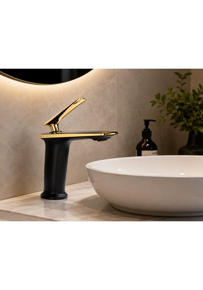 Forma Kısa Lavabo Bataryası Mat Sıyah-altın Mat Siyah-altın