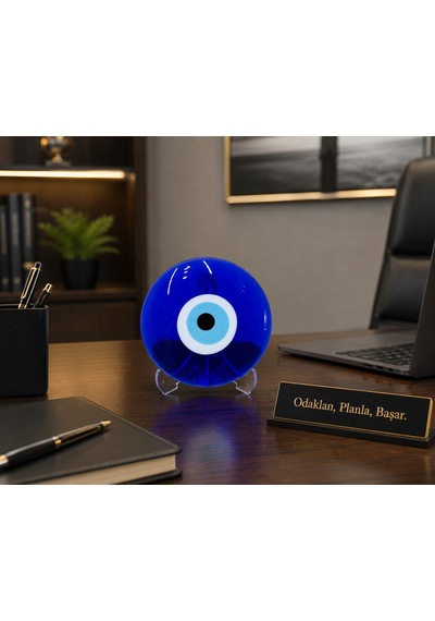 Dekoratif Cam Nazar Boncuğu Masaüstü Ofis Süsü El Yapımı Şık Nazar Boncuğu Obje Mavi - 10 Cm Ayaklı Cam