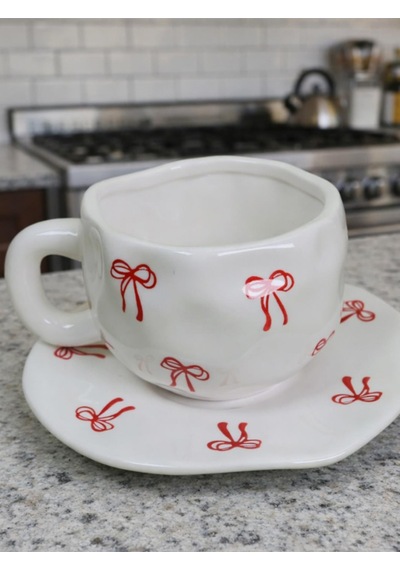 Seramik Tabaklı Handmade Tasarımlı Kupa - Renk Seçenekli Kurdele Desenli Renkli