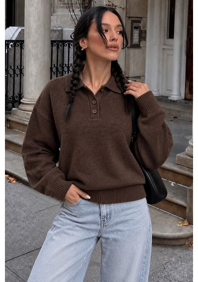 Madmext Kahverengi Düğmeli Polo Yaka Kadın Kazak Mg2307