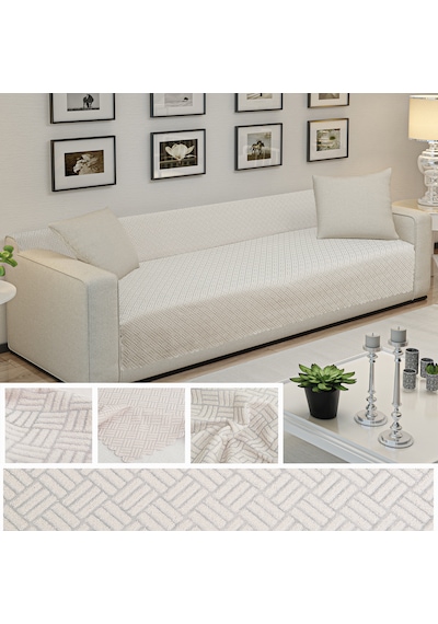 Kaymaz Tabanlı Koltuk Örtüsü 175x215 Cm Altı Polarlı, Örme Kumaş, Çekyat Ve Kanepe Uyumlu Krem