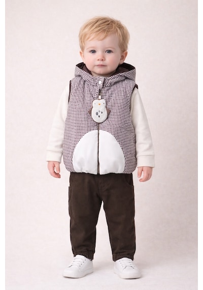 Harika Kids Erkek Bebek 3 Lü Takım 9-24 Ay Şişme Yelek %100 Pamuk Sweatshirt Kadife Pantolon Kahverengi