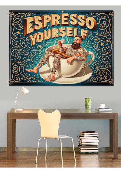 "espresso Your Self" Dövmeli Adam Vintage Kahve Afişi Dekoratif Kanvas - Mdf Ahşap Tablo