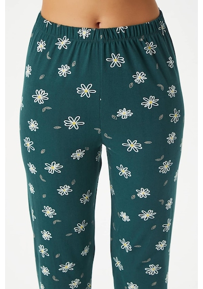 Ritnice Kadın Bloom Yumuşak Doku Yeşil Çiçek İşlemeli Bisiklet Yaka Kısa Kollu Alt Üst Pijama Takımı