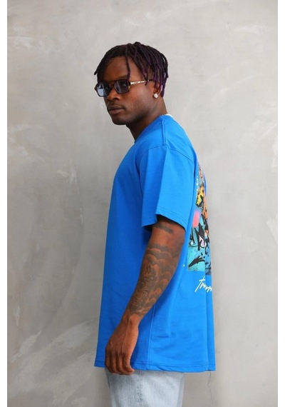 Erkek Bisiklet Yaka Baskılı Oversize T-shirt - Mavi Mavi