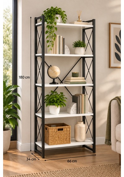 Sulorahome 5 Raflı Metal Kitaplık Beyaz Ve Siyah Beyaz - Siyah