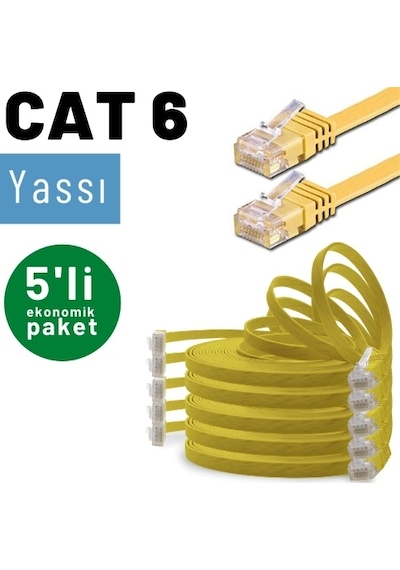 5 adet IRENIS CAT6 Kablo Yassı Ethernet Ağ Kablosu, 25 cm Sarı