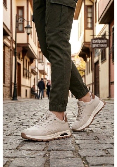 Pepita E350 Rahat Hafif Lastik Bağcıklı Özel Tasarım Spor Sneaker Erkek Ayakkabı Bej